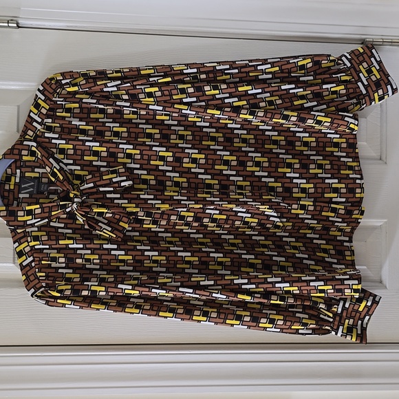 WORTHINGTON WOMENS PETITE PLUS BROWN & YELLOW SYMMETRICAL BLOUSE SIZE PXXL - Picture 4 of 16